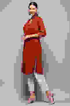 Rust Solid Regular Fit Straight Kurta image number 3