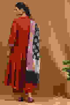 Rust Embroidered Angrakha Festive Anarkali Suit Set image number 2