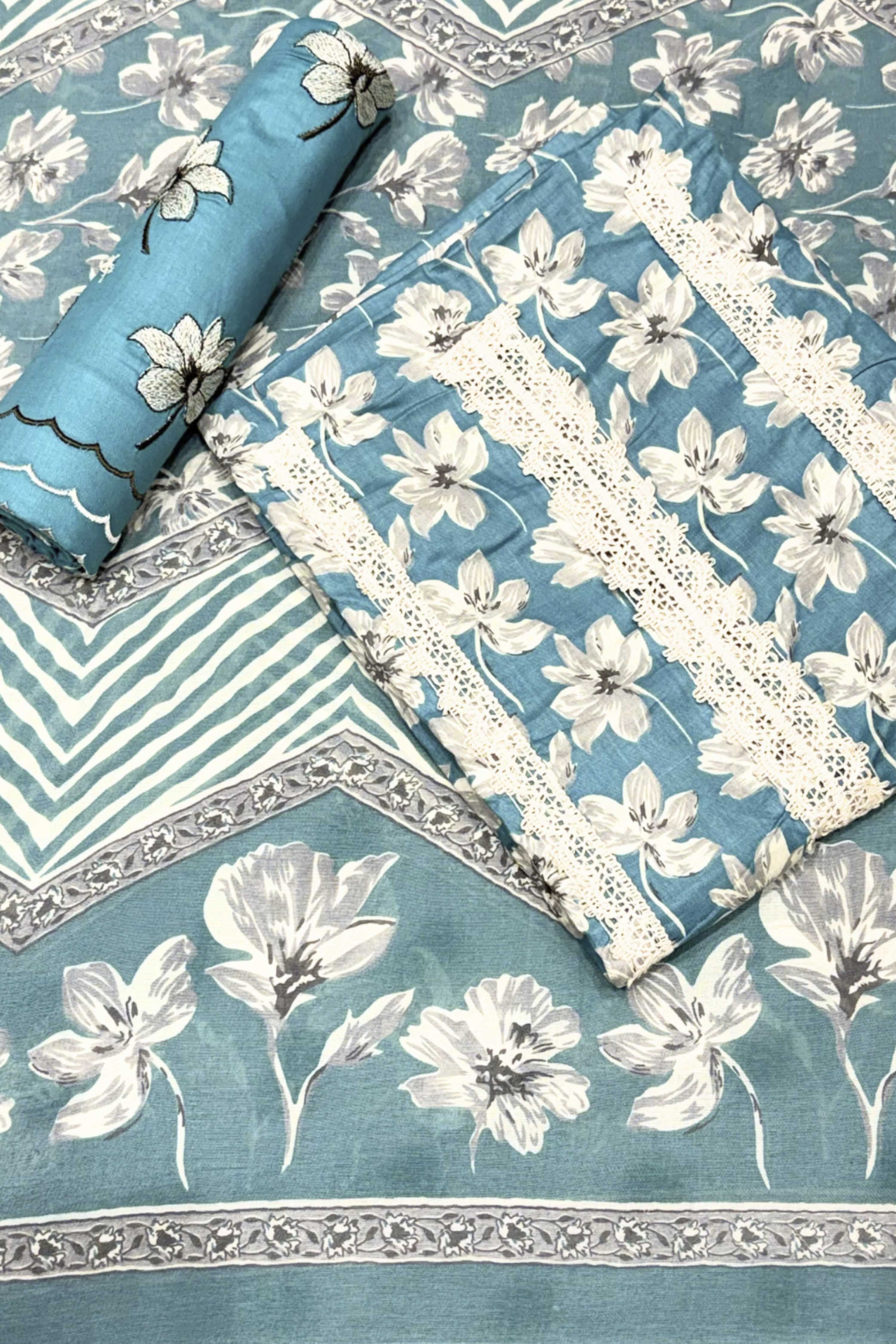 Teal Cotton Printed Unstitched Suit Set image number 0