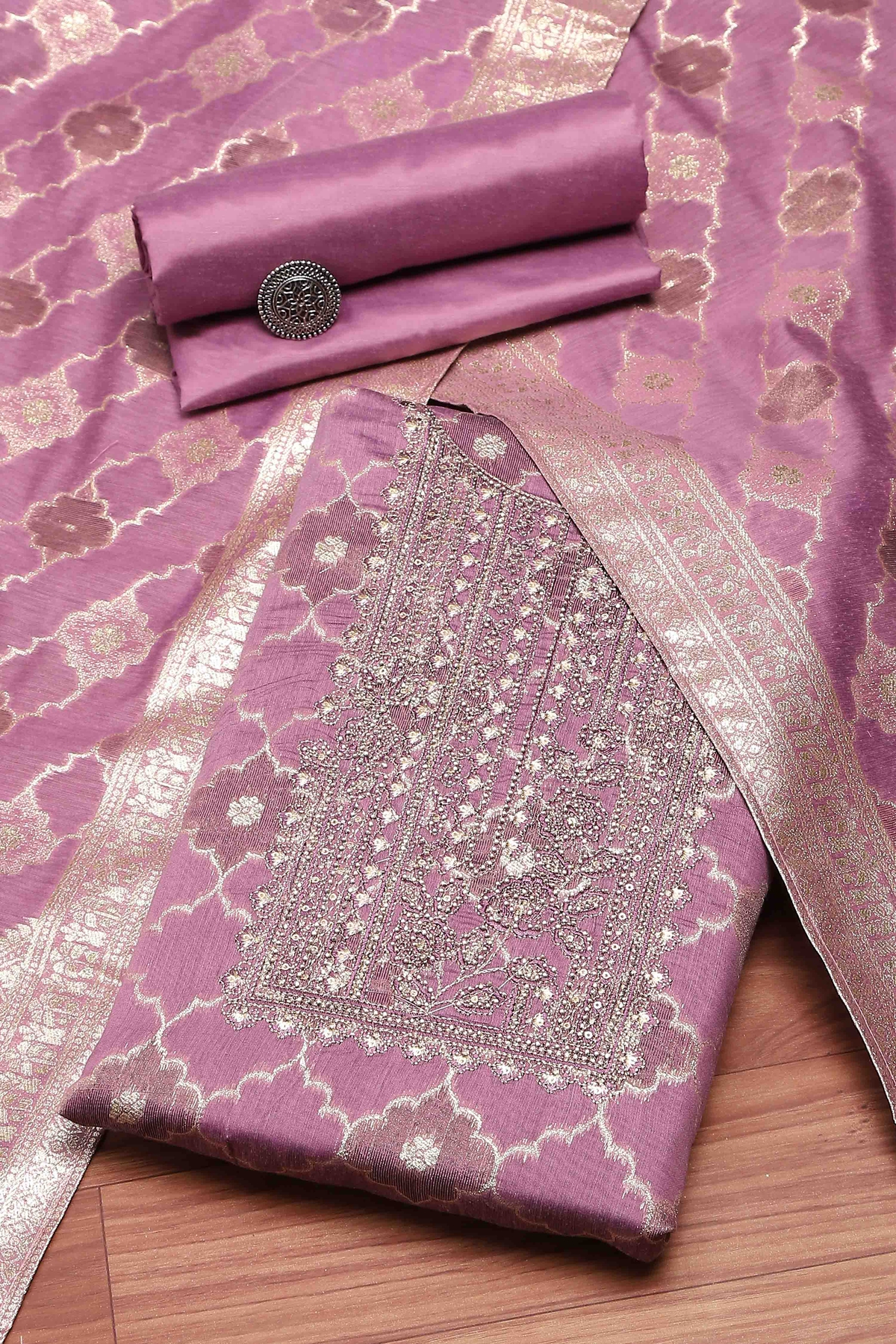Lavender Tissue Chanderi Embroidered Unstitched Suit Set