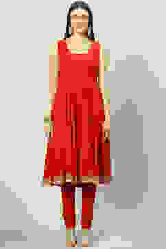 Red Art Silk Layered Kurta Churidar Suit Set image number 1