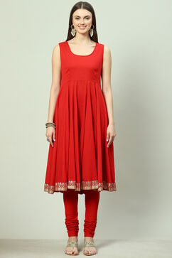Red Art Silk Layered Kurta Churidar Suit Set image number 1