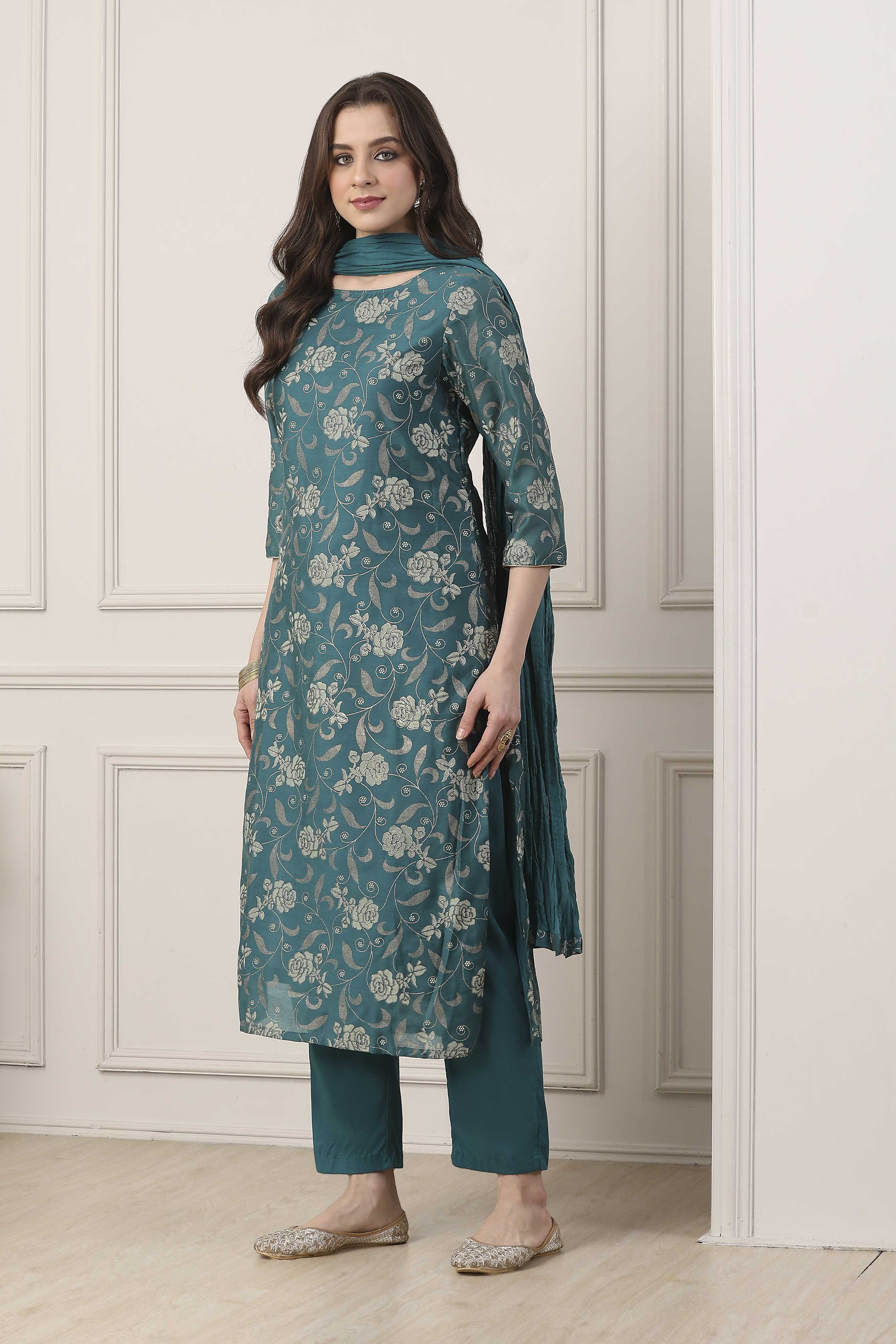Peacock Green Printed Straight Kurta Regular Pants Suit Set image number 3
