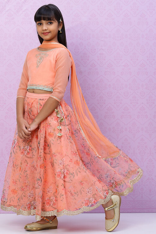 Peach Straight Poly Cotton Girls Lehenga Set image number 2