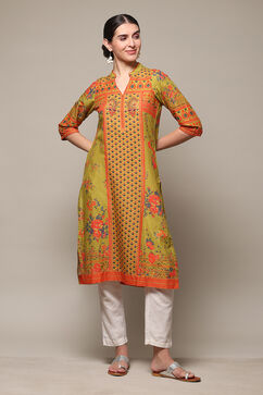 Green Cotton Straight Printed Kurta image number 0