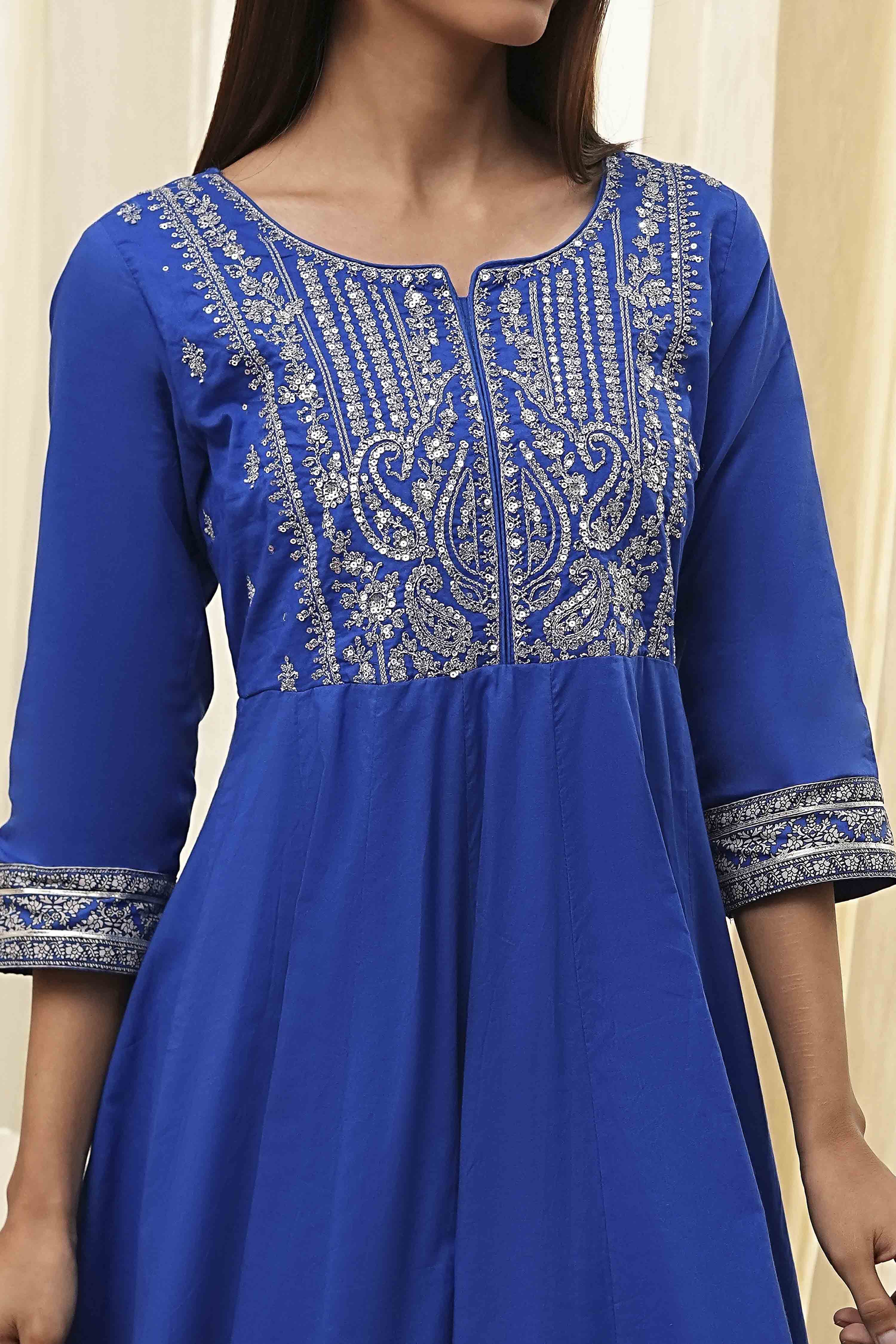 Blue Cotton Embroidered Anarkali Suit Set image number 1