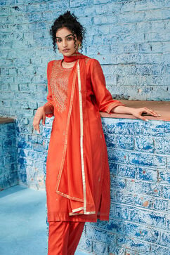 Brick Red Polyester Straight Suit Set image number 0