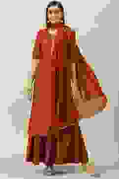 Terracotta Printed Straight Kurta Sharara Suit Set image number 0