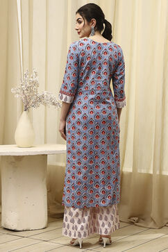 Slate Blue Cotton Hand Block Print Unstitched Suit Set image number 5
