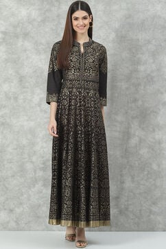 Black Cotton Flared Printed Dress image number 5