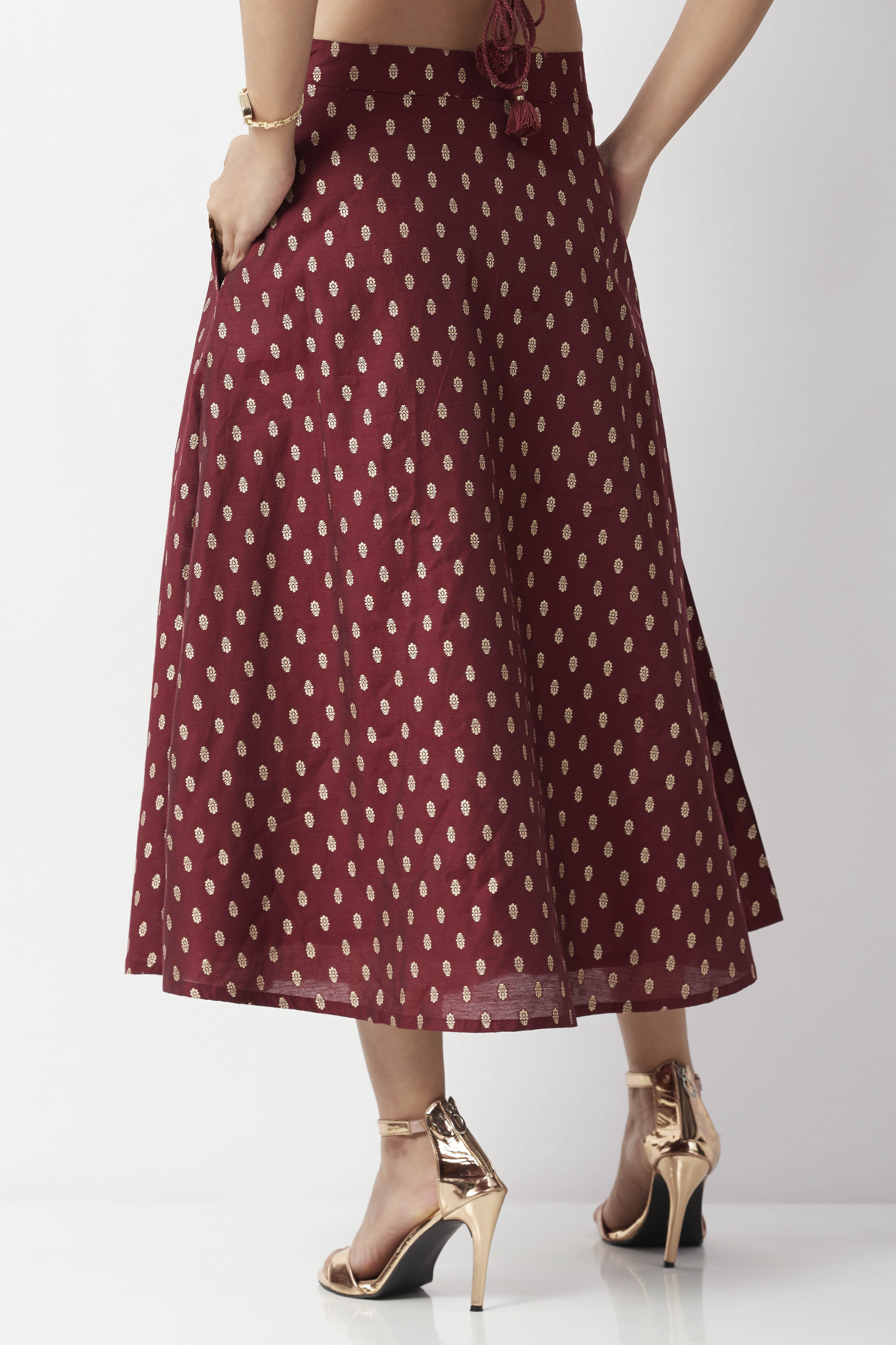 Maroon Art Silk Foil Printed Flared Skirt image number 5