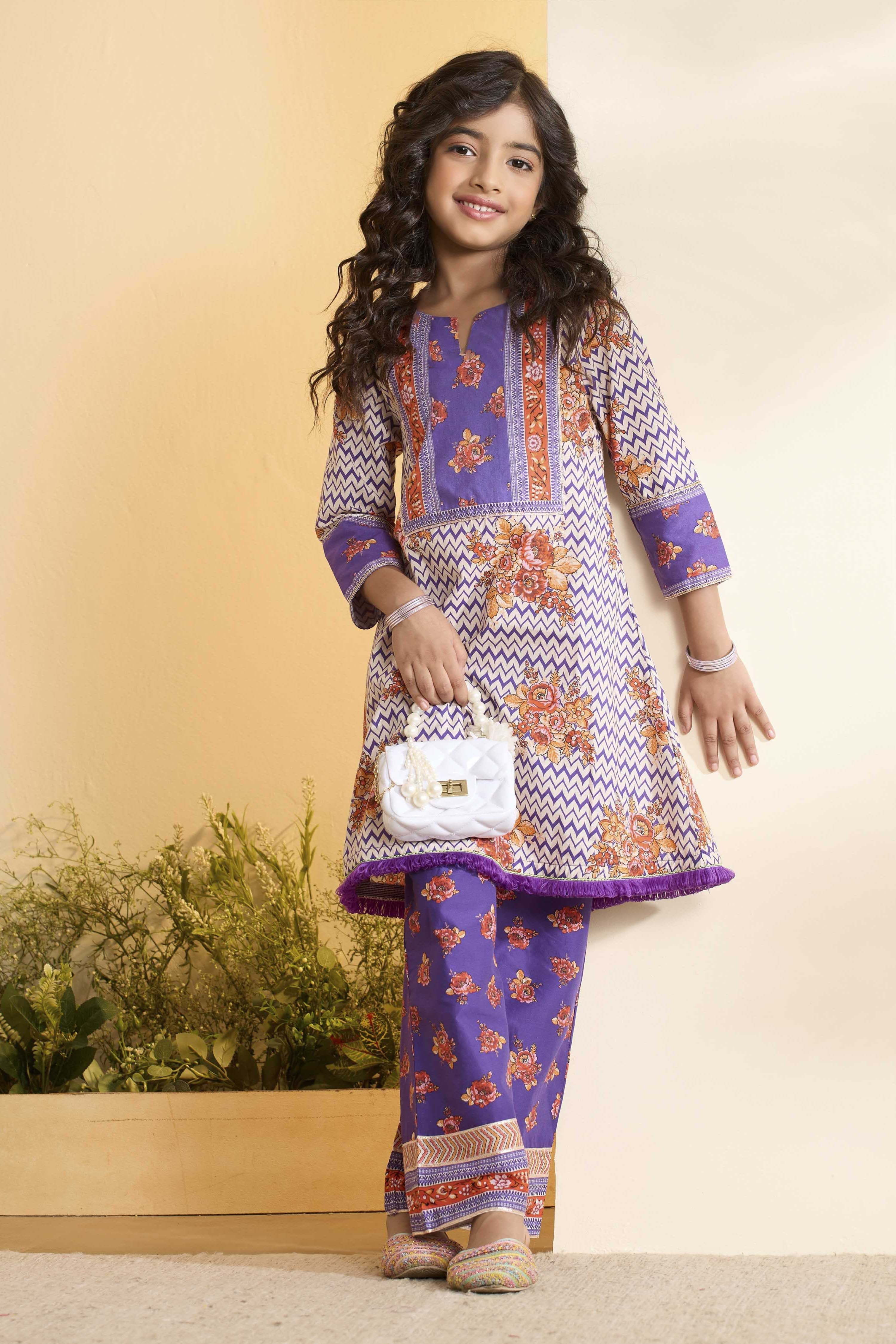 Purple Cotton Printed A-Line Kurta Set image number 0