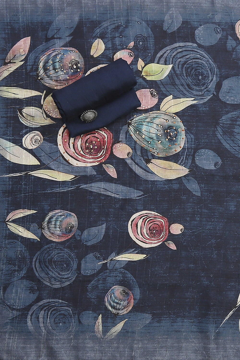 Navy Blue Silk Blend Printed Embroidered Unstitched Suit Set image number 3