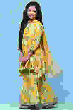 Yellow Floral Cotton Peplum Kurta Garara & Net Dupatta image number 4