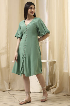 Green Solid A-Line Dress image number 2