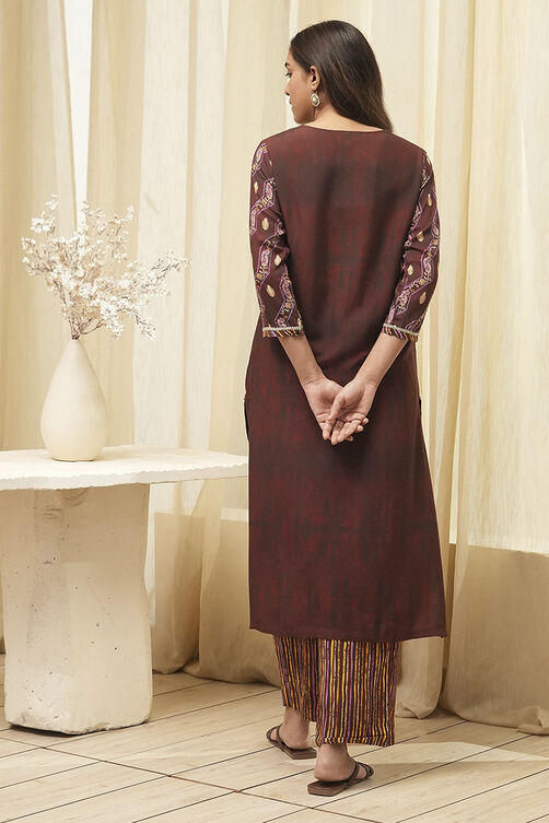 Maroon Cotton Straight Kurta Palazzo Suit Set image number 4