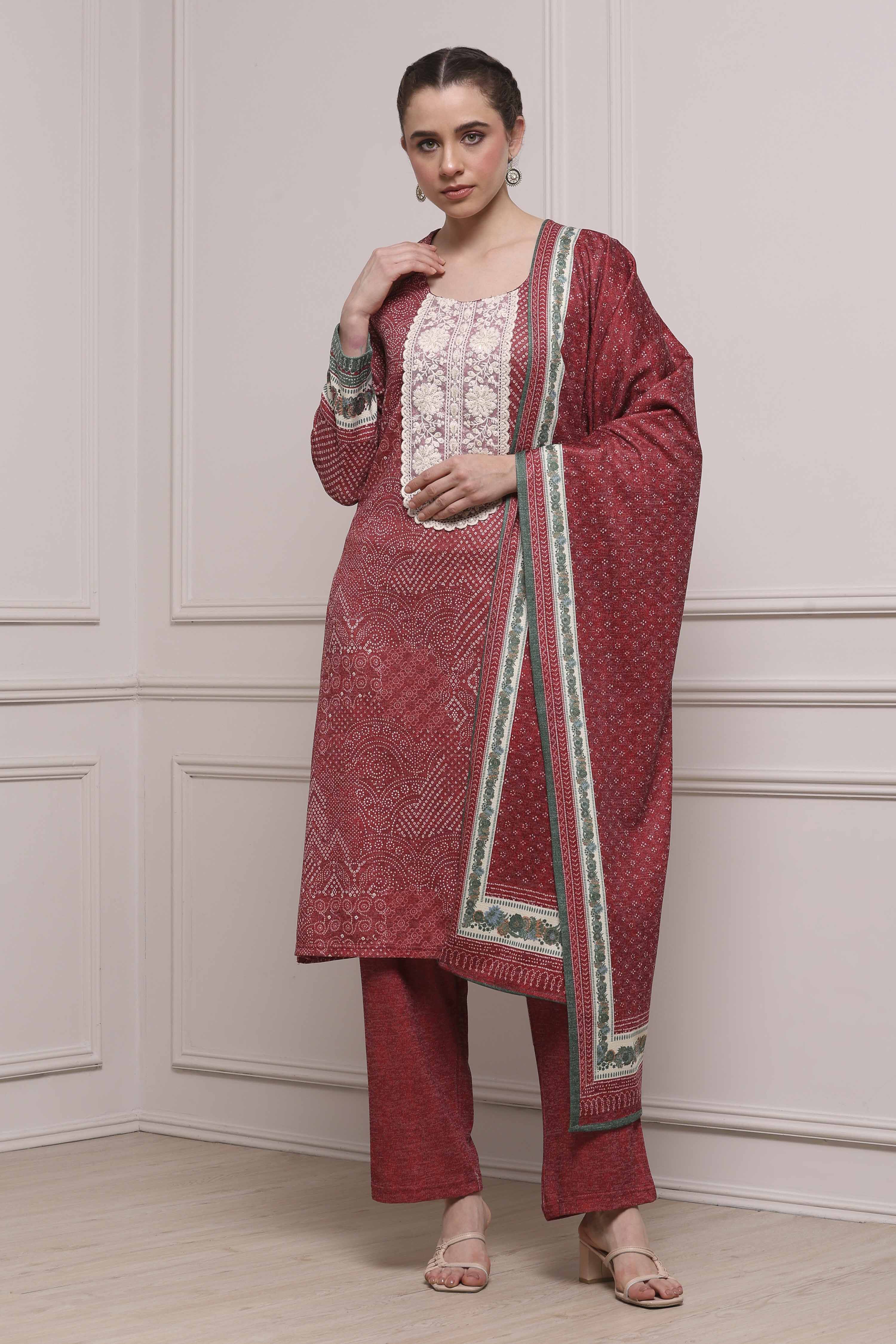 Black Printed Straight Winter Suit Set image number 6