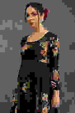 Rohit Bal Black Silk Chanderi Floral Printed Anarkali Suit Set image number 1