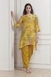 Lime Yellow Chanderi Floral Printed Asymmetric Straight Kurta Set image number 0