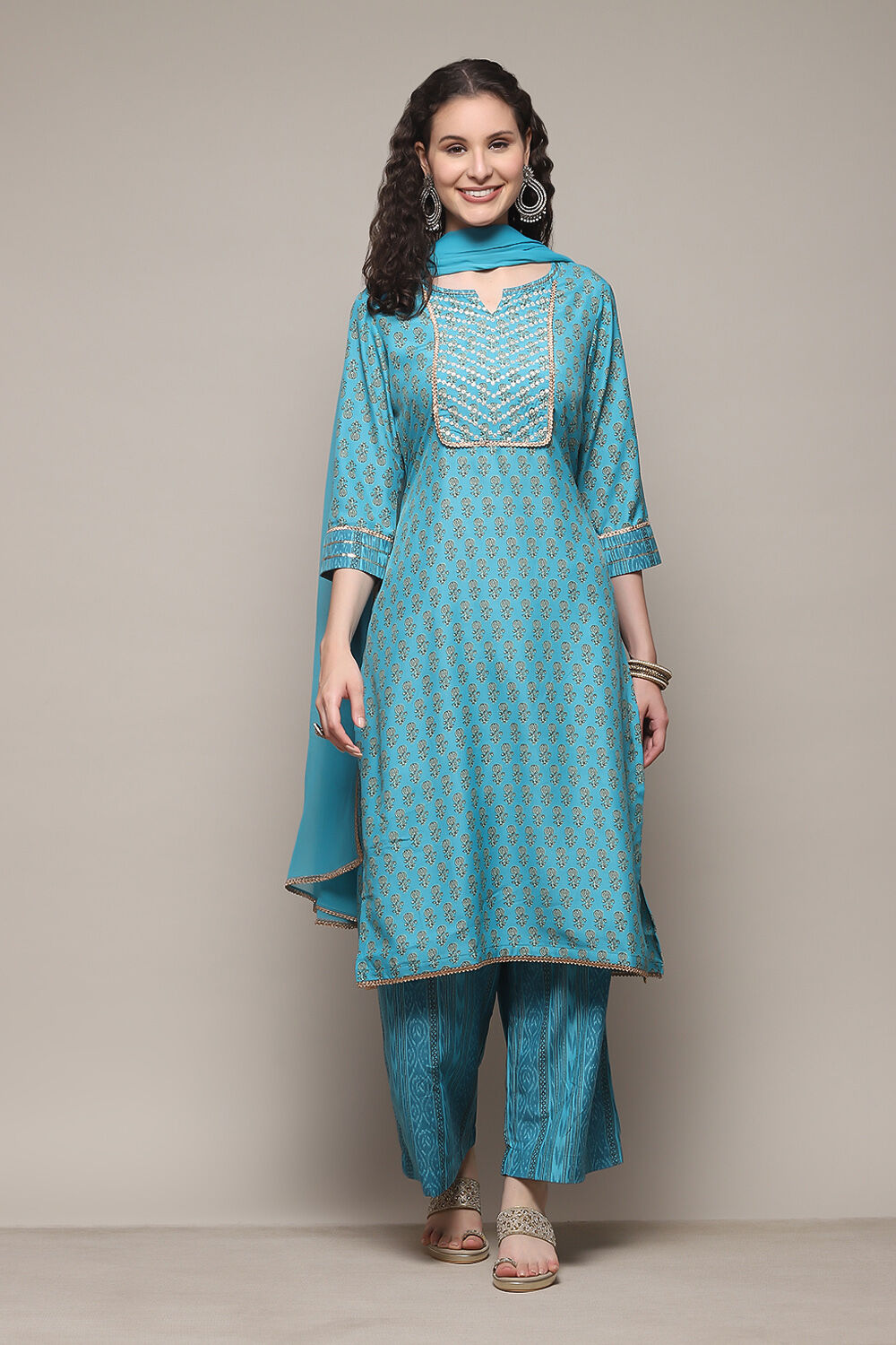 Teracota Poly Chiffon Straight Printed Kurta Palazzo Suit Set image number 7