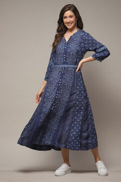 Indigo LIVA A-Line Printed Dress image number 1