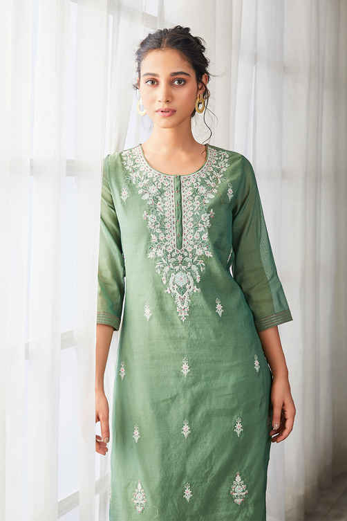 Sape Green Yard-Dyed Straight Kurta image number 4