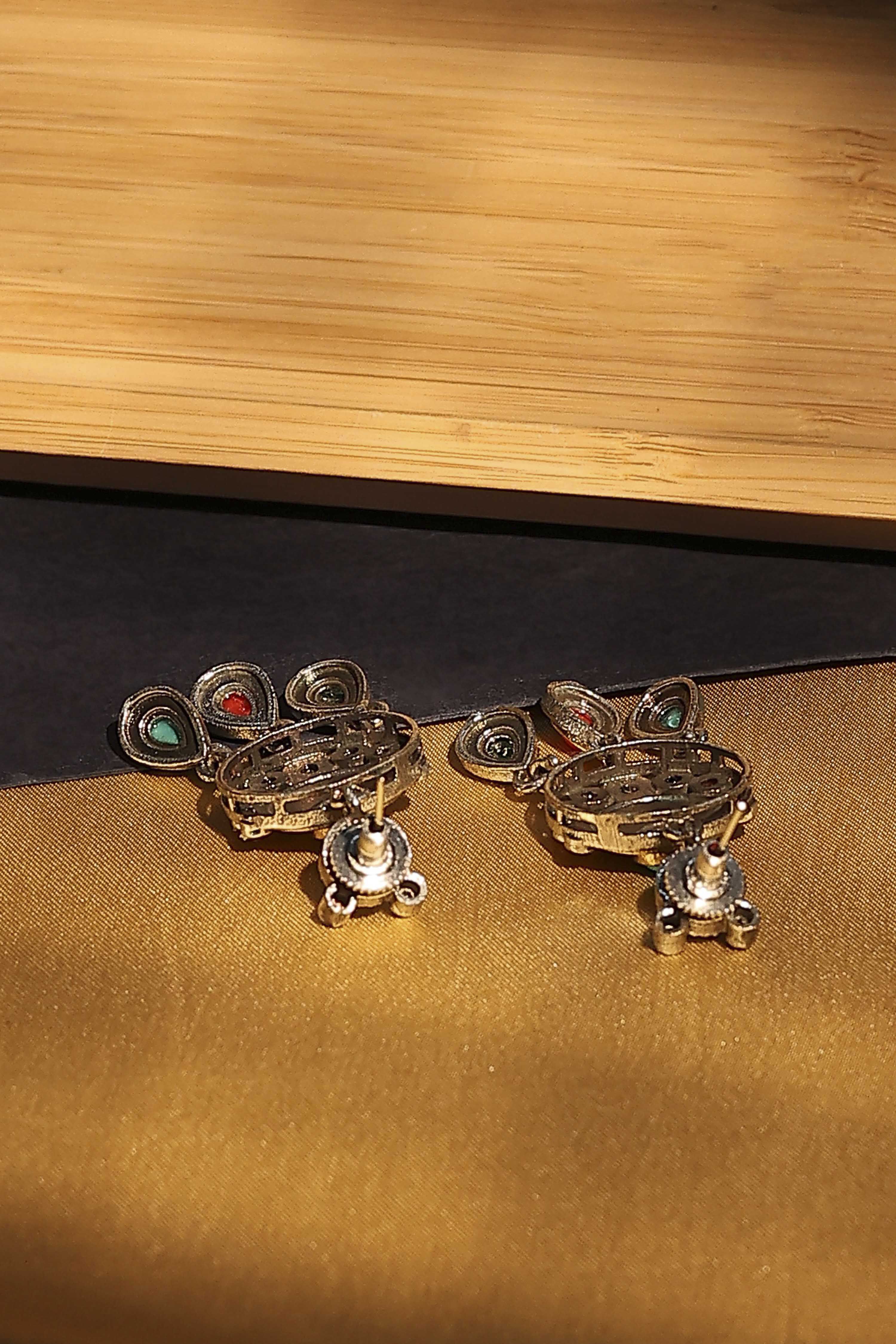 Multicolour Brass Stone Studded Drop Earrings image number 2