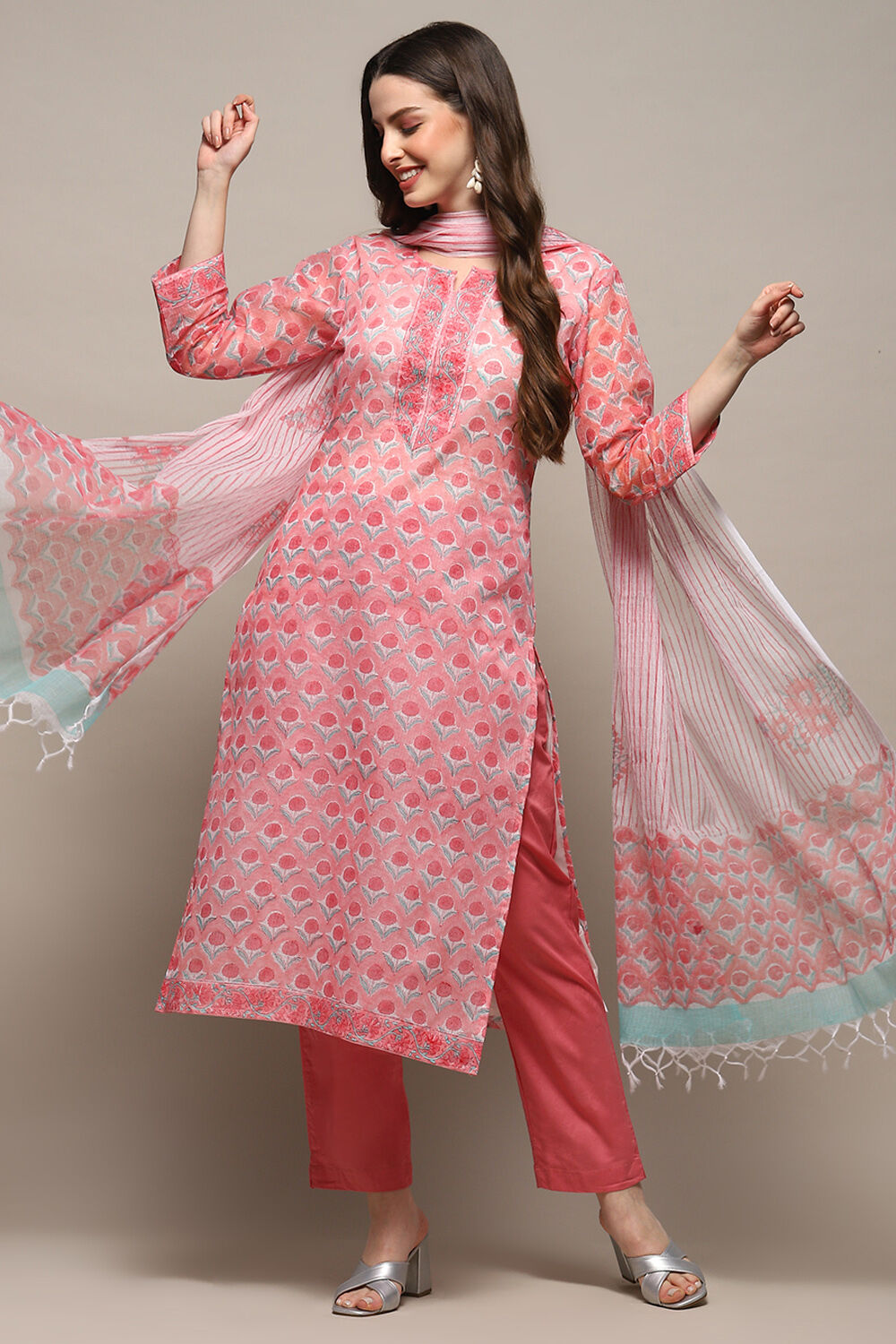 Blue Green Cotton Blend Unstitched Suit set image number 1