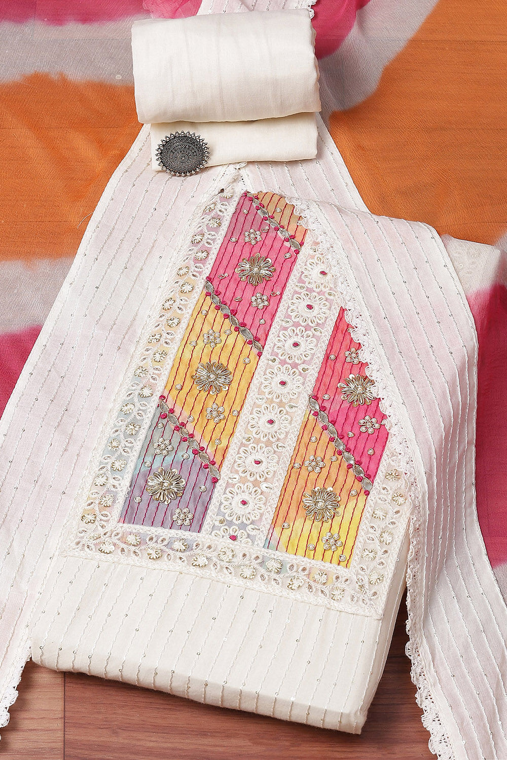 Off White Cotton Schiffly Unstitched Suit Set image number 0