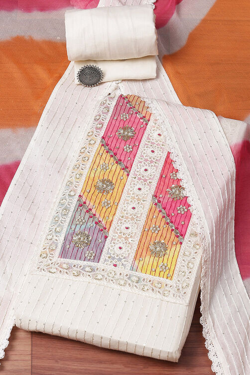 Off White Cotton Schiffly Unstitched Suit Set image number 0