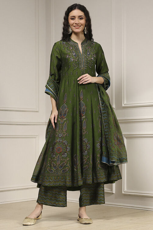 Green Viscose Kalidar Printed Suit Set image number 1