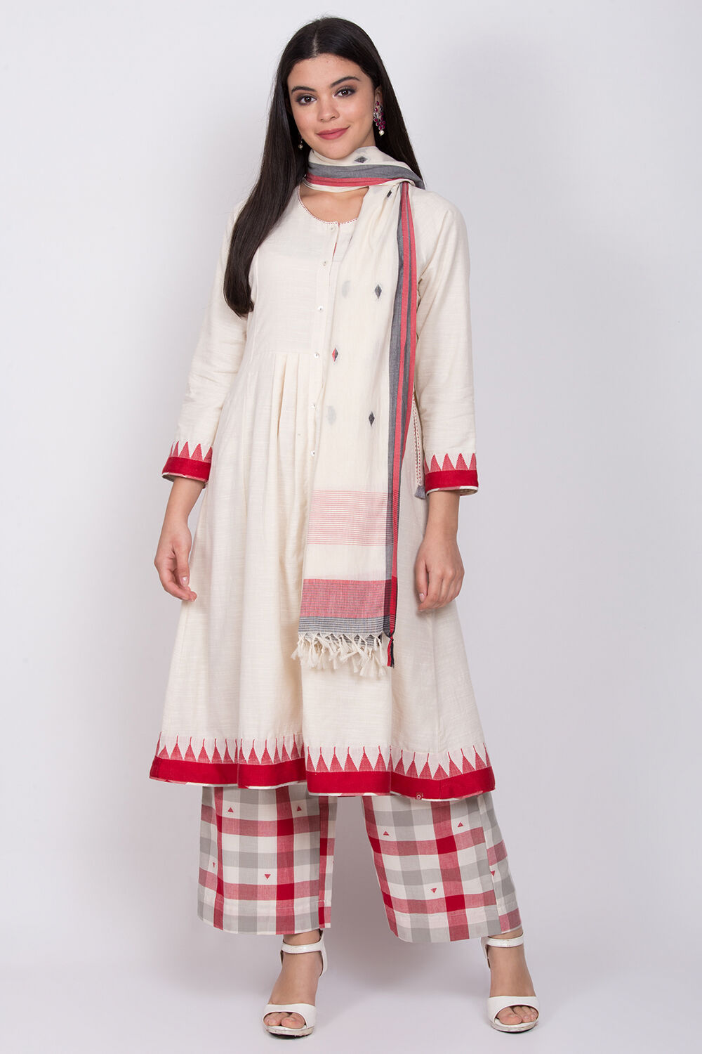 Ivory Eco Cotton Front Open Kurta Palazzo Suit Set image number 0