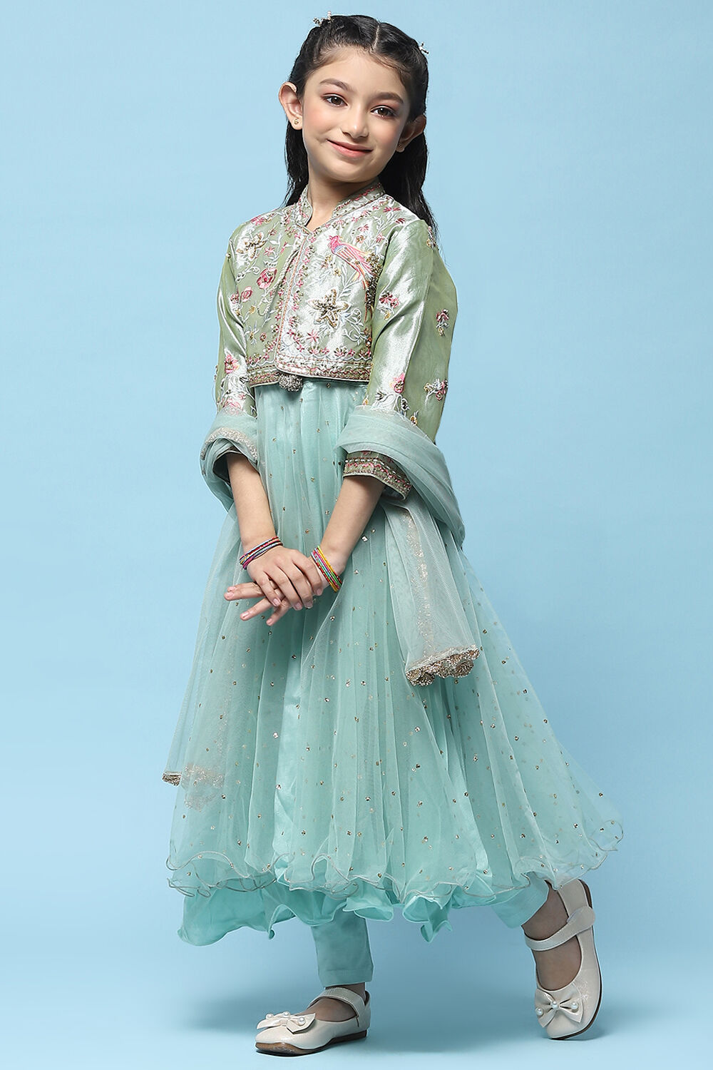 Ivory Cotton Blend Anarkali With Jacket Printed Suit Set image number 4
