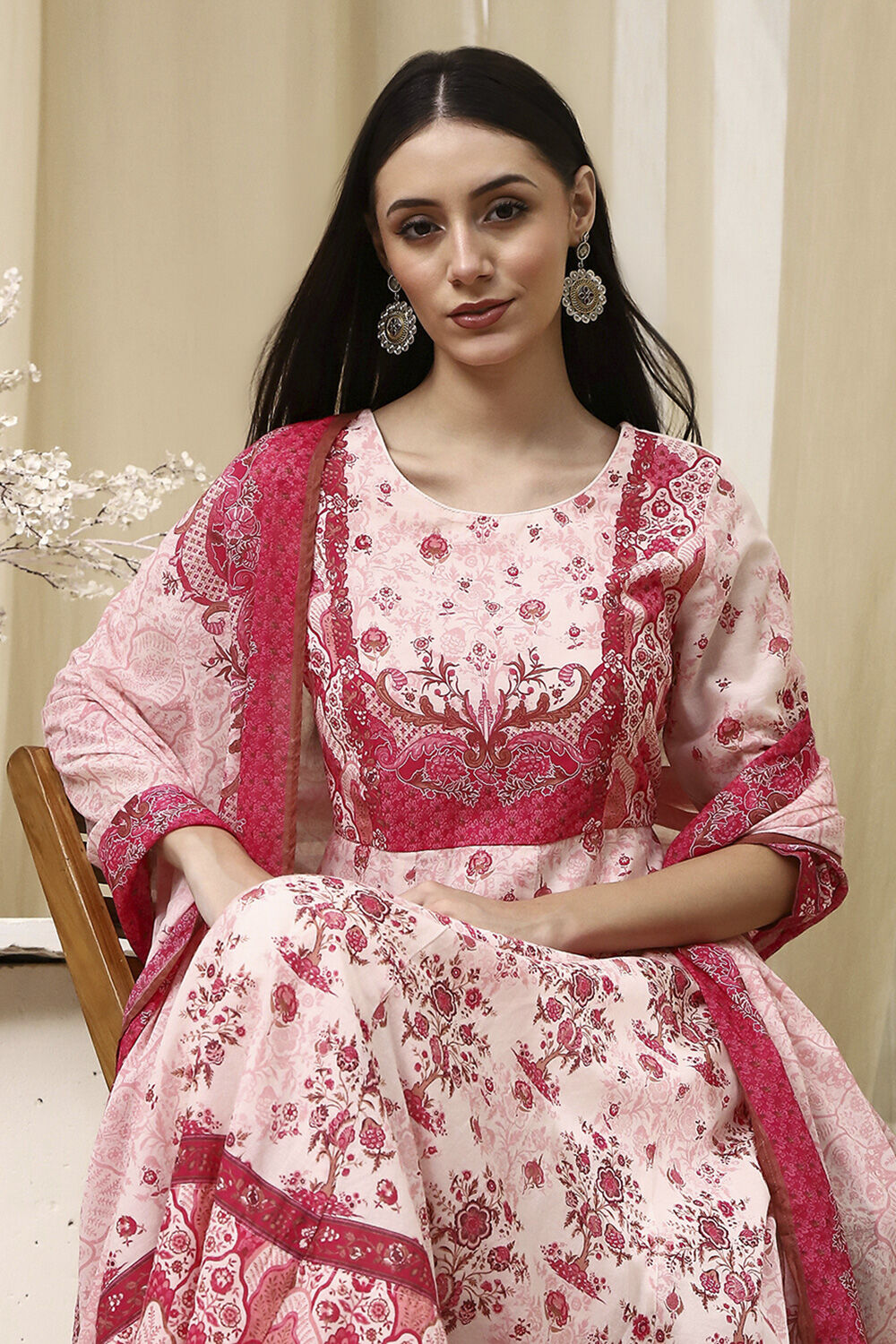 Light Pink Cotton Printed Anarkali Suit Set image number 7