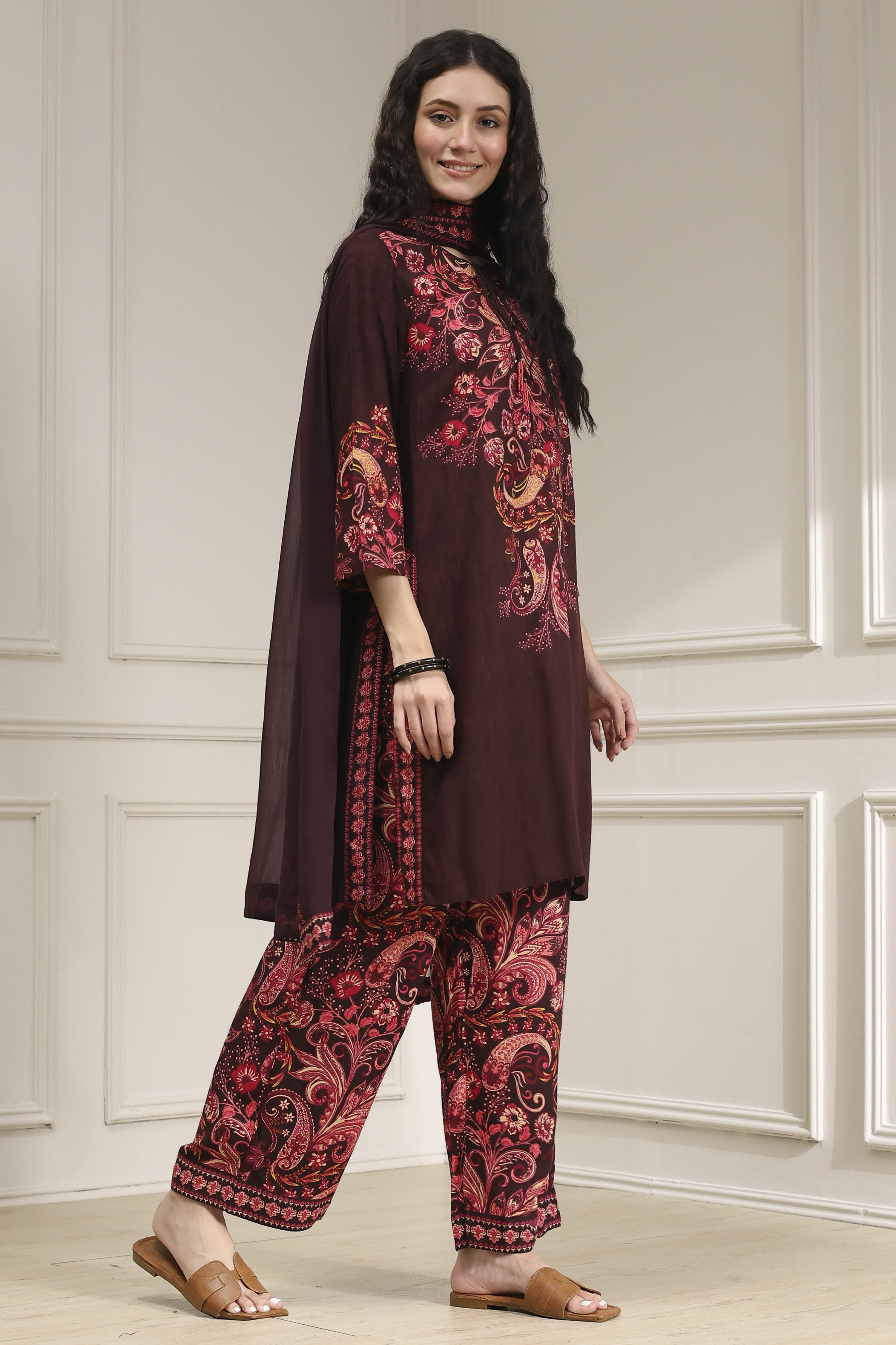 Brown Printed Straight Suit Set image number 5
