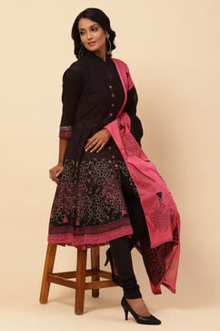 Black Cotton Asymmetric Kurta Churidar Suit Set image number 4
