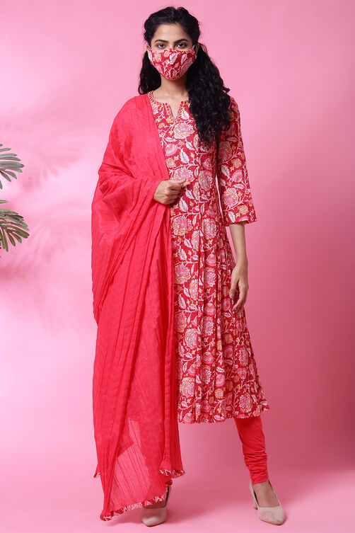 Red Cotton Crushed Kalidar Kurta Churidar Suit Set image number 5