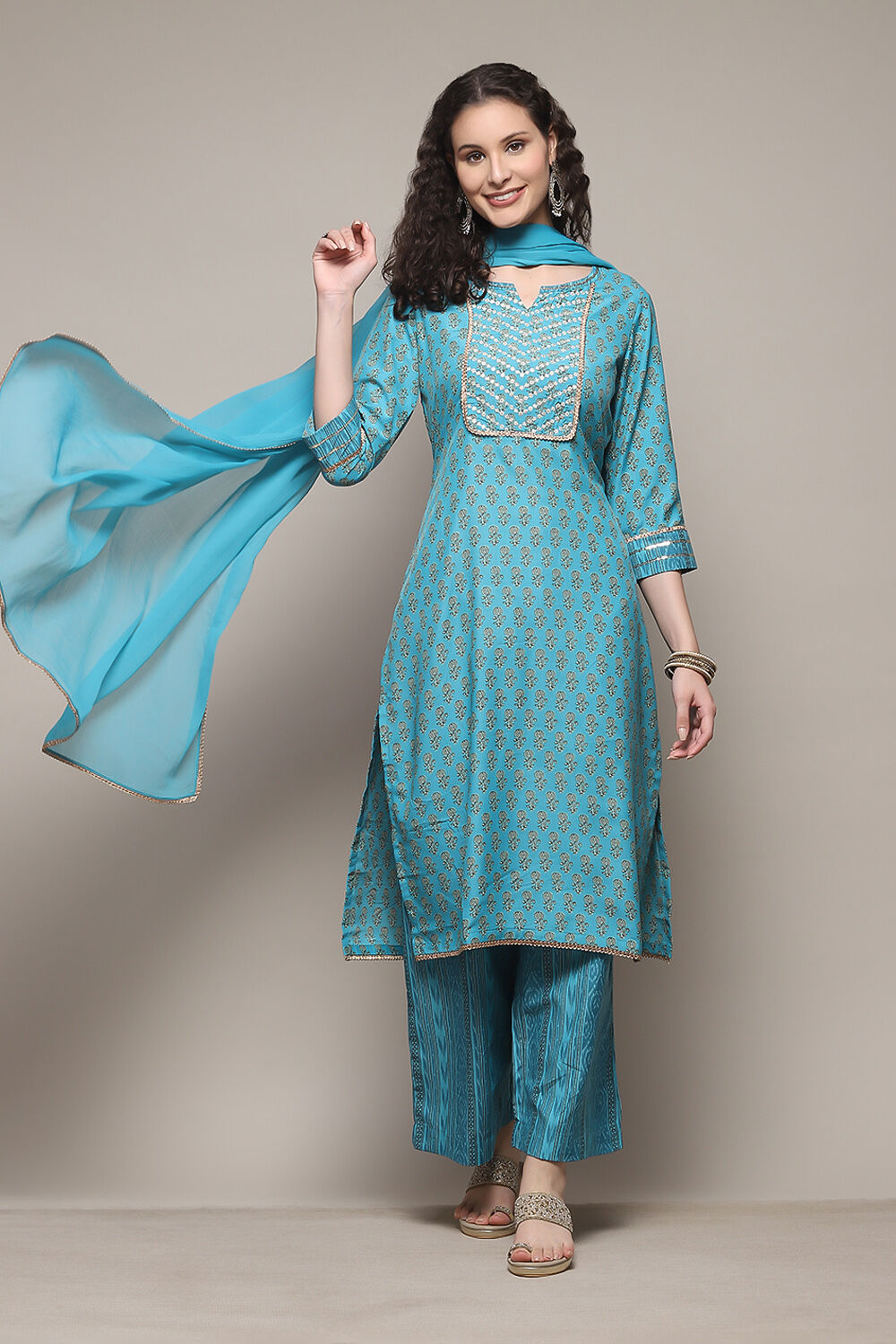 Teracota Poly Chiffon Straight Printed Kurta Palazzo Suit Set image number 0