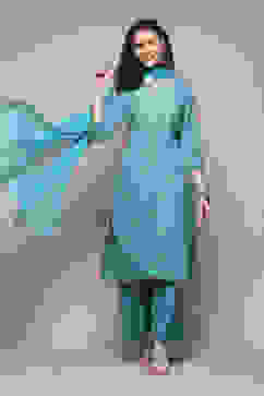 Turquoise Poly Musin Straight Printed Kurta Palazzo Suit Set image number 0