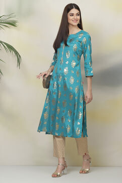 Teal Straight Viscose Kurta image number 2