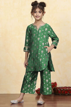 Green Polyester Yarndyed Fitted Kurta Pants Set image number 3