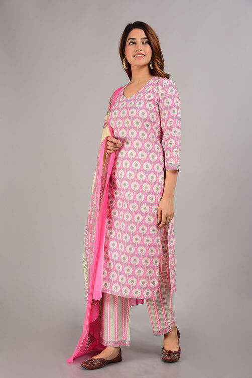 Pink Cotton Screen Print Unstitched Suit Set image number 5