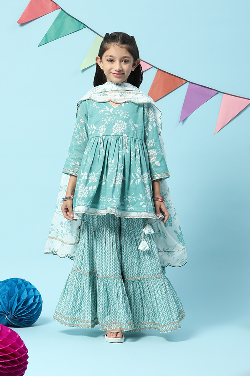 Sea Green Cotton Flared Kurta Garara Suit Set image number 0