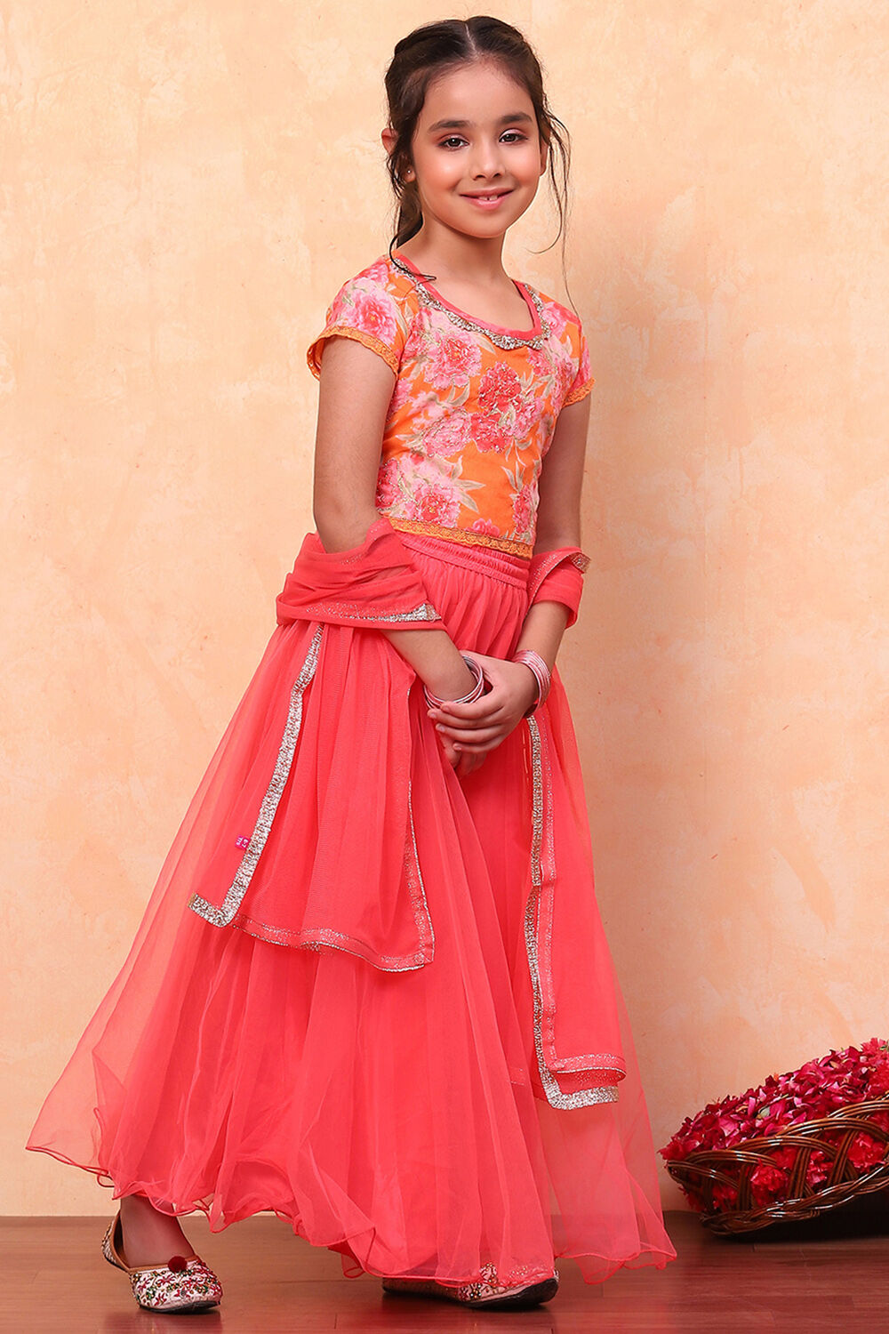 Orange and Pink Floral Festive Flared Lehenga Set image number 3