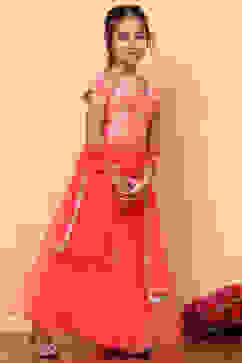 Orange and Pink Floral Festive Flared Lehenga Set image number 3