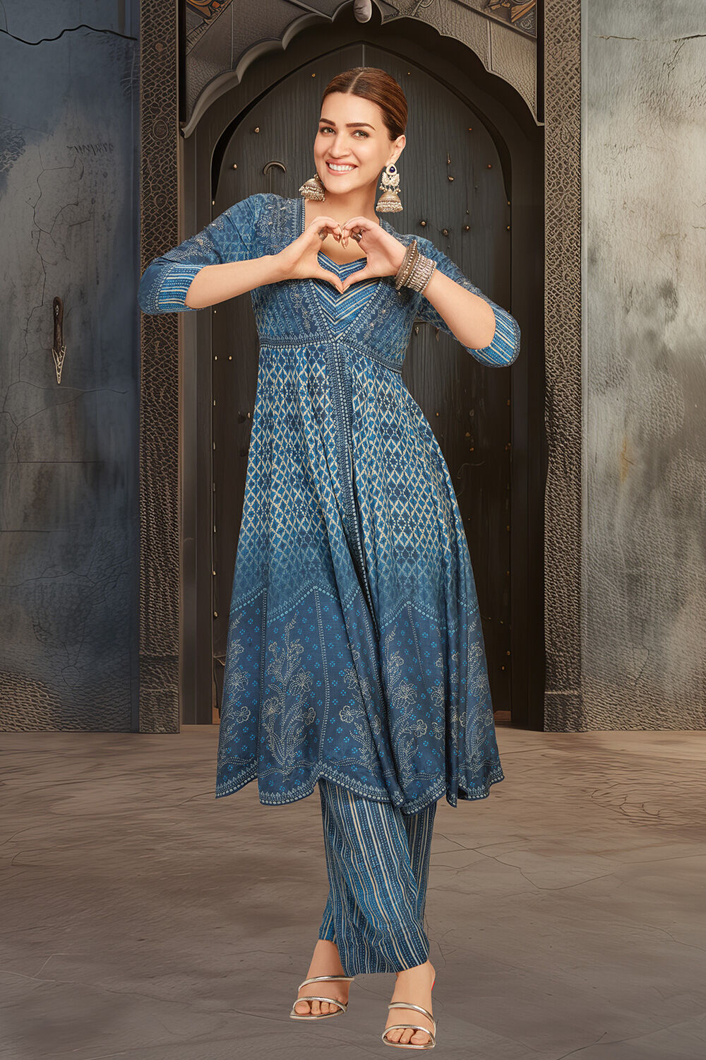 Indigo Modal Festive Anarkali Fusion Suit Set