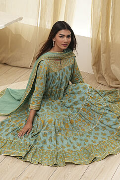 Sage Green Cotton Floral Tiered Suit Set image number 0