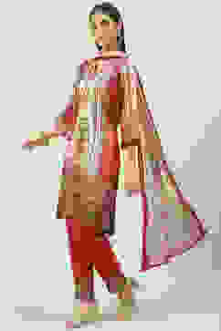 Maroon Silk Blend Straight Kurta Slim Pants Suit Set image number 5