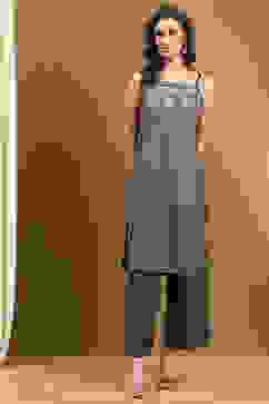 Grey Silk Floral Hand-Block Printed Festive Straight Kurta image number 5