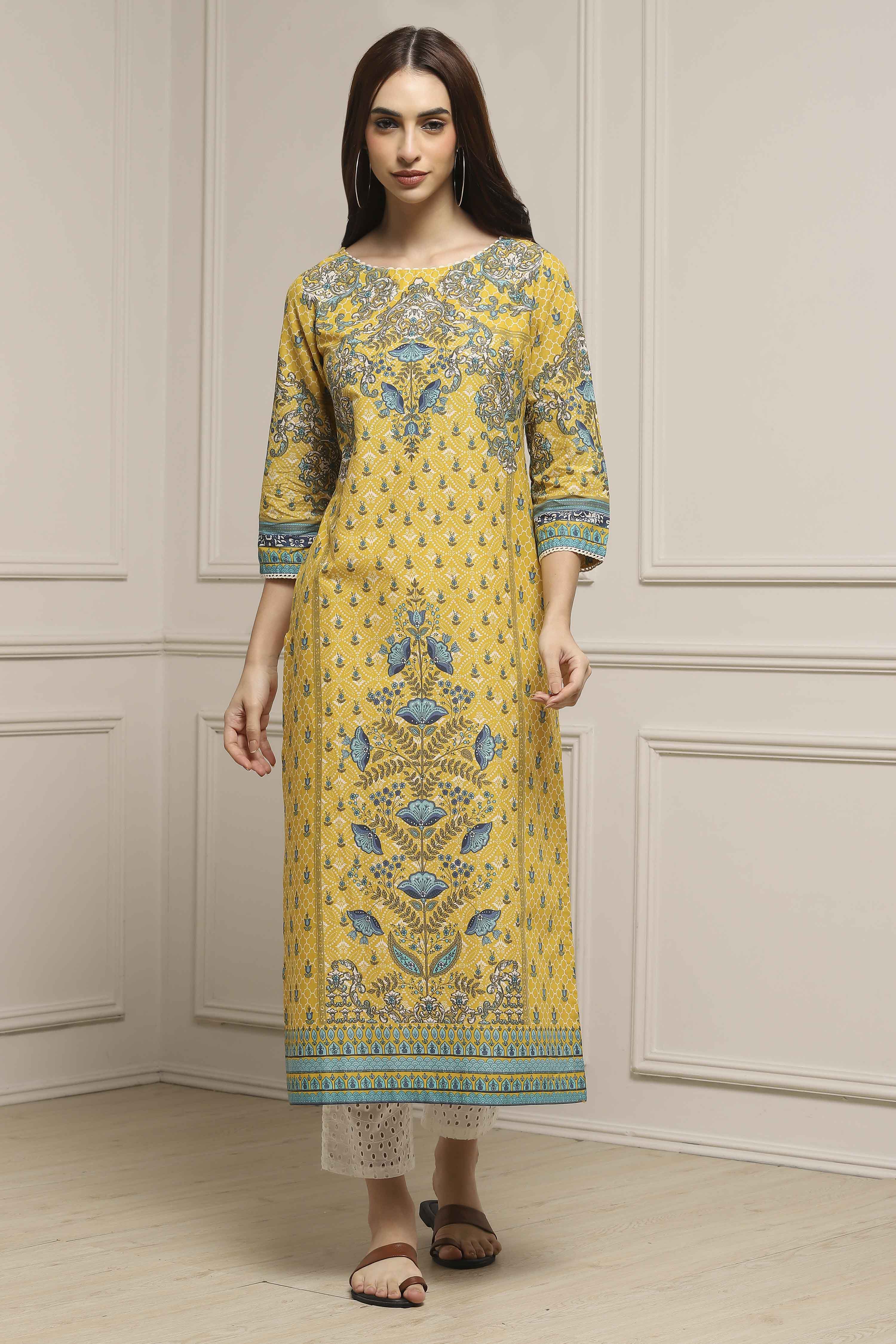 Yellow Cotton Printed Straight Kurta image number 5